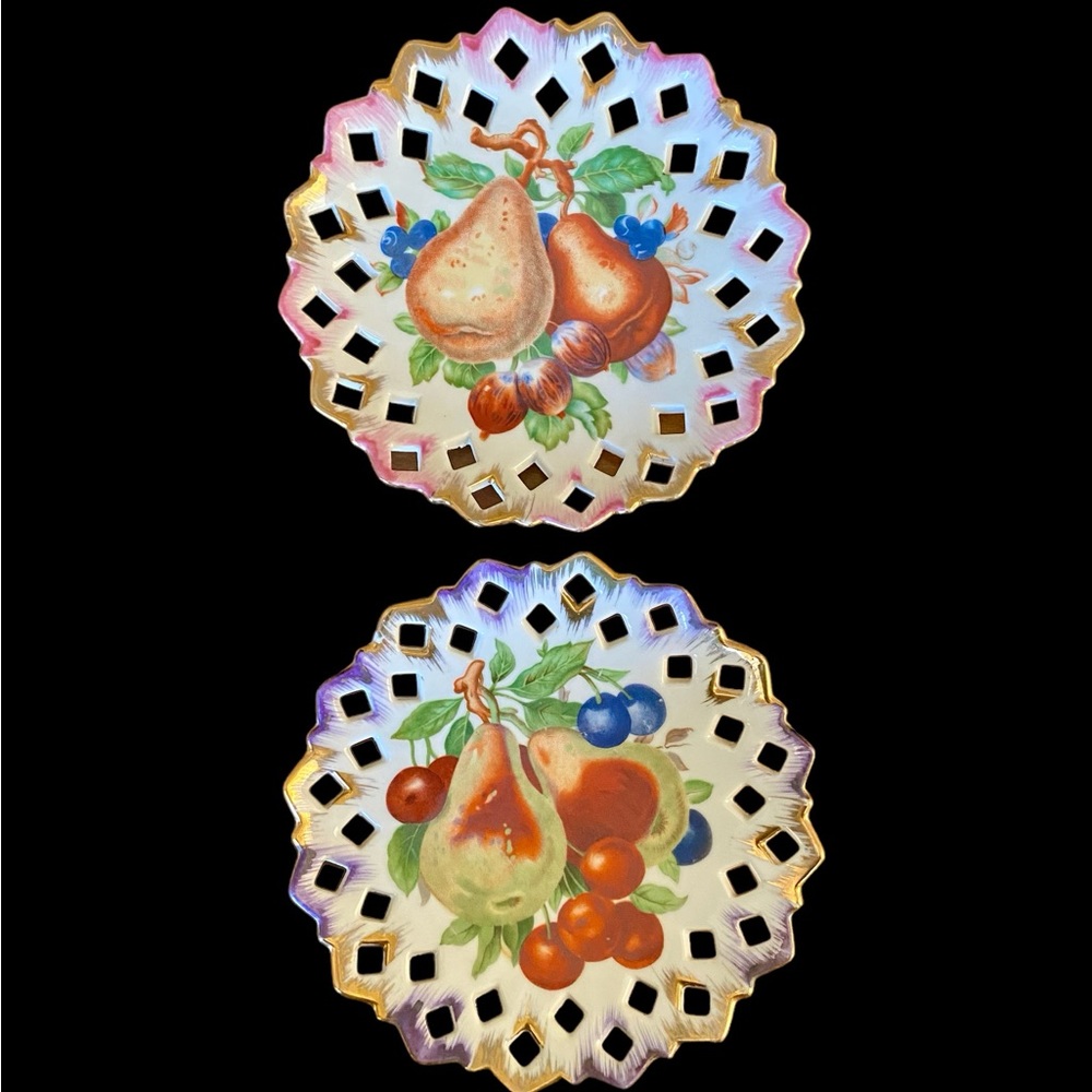 Vintage Reticulated Fruit Plates Pair 7” Hand Painted Lace Edge